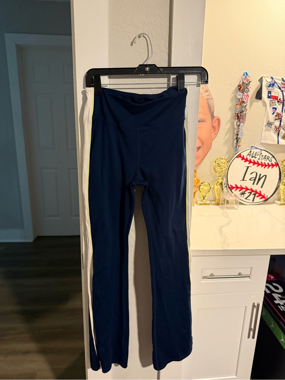 Cotton On Navy Leggings with White Side Panels and Neon Yellow Trim